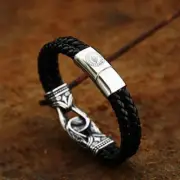 AU New Vintage Fashion Viking Carved Double Leather Rope Titanium Steel Bracelet