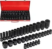 HORUSDY 35-Piece 1/2" Drive Impact Socket Set, Standard Metric (8-32mm), Deep Sockets (10-32mm), 6 Point with Steel Case