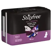 Stayfree Ultra Thin All Nights with Wings 10 Pads Active Odour Neutralisers