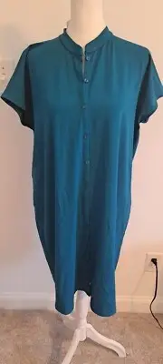 NWT $178 Eileen Fisher Jersey Mandarin Collar Button Up Tunic Dress S in Teal