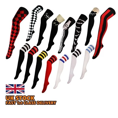 Over The Knee High Long Socks Skulls Skeleton Bats Lips Cheerleader Polka