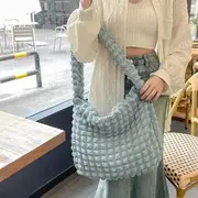 Plain Quilted Bubble Light Tote Bag Blue - One Size