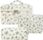 [Generic] Makeup Bag Set - Floral Cosmetic Bag, 3pcs Toiletry Organizer Pouch | Cotton Quilted Flower Travel Makeup Set Organizer, Cute Make Up Accessories Zipper Bags Pouch for Backpack, Makeup