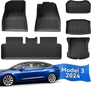 EVPEIWE 6PCS Tesla Model 3 Highland 2024-2025 All-Weather Floor Mats Set - TPE Waterproof Anti-Slip Front/Rear/Trunk Liners, Custom Fit Protection for Model 3 Highland
