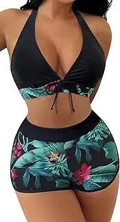 [SEAUR] Bikini Set Women's Two Piece Swimsuit Swimming Shorts with Bikini Top Floral Pattern Summer Swimwear Two Piece Swimsuit Swim Shorts Swimming Pool Beach S M L XL
