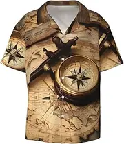 [EdWal] Compass and Old World Map Print Men's Print T Shirts Short Sleeve Polo Shirts Casual Summer Beach Shirt for Men