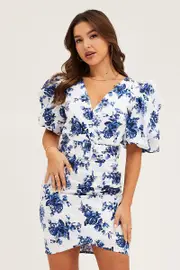 Print Mini Dress Short Puff Sleeve V-Neck Belted - Size 6, Women's F Mini Dress