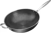ELAYARD Double Handle Stainless Steel Honeycomb Wok Induction Compatible Frying Pan Easy to Clean Portable Chinese Cooking Pan for Home Chefs