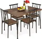 5 Pcs Kitchen Dining Set Metal & Wood Table and 4 Chairs Breakfast Furniture