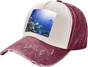 [YANYU] Shark Swimming Under The Sea Print Fashion Washed Distressed Baseball Cap Vintage Adjustable Hat with Classic Brim, Dark Red, One Size