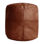 Tan Brown Round Tall Ottoman Leather Footstool