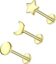 ALACLO 3pcs G23 Titanium Threadless Cartilage Earrings Moon Star Flat Back Stud 18g Nose Stud Lip Ring Helix Tragus Piercing Jewelry for Women
