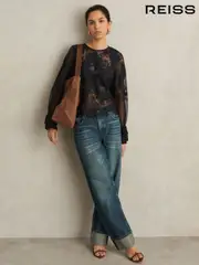 Reiss Navy Emilia Lace Flared-Cuff Blouse (F97749) | $350