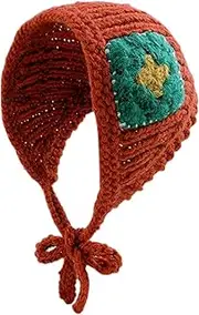 [PTILSERY] Knitted Flower Triangle Hair Scarf Adult Crochet Earflap Hat Flower Pattern Hairband for Girls Camping Photo Props