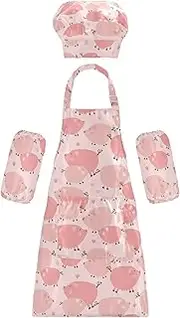 AIXIWAWA Kids Apron Chef Hat Set, Child Kitchen Bib Aprons Adjustable for Cooking Baking Painting (Pink Cute Pigs)