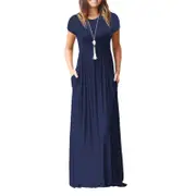 Women Short Sleeve Loose Plain Maxi Dresses Casual Long Dresses with Pockets - Navy Blue
