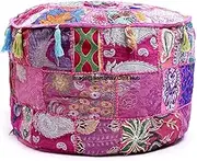 Traditional Indian Multi Patch Embroidery Vintage Cotton Floor Pillow & Cushion Patchwork Bean Bag Chair Cover Boho Bohemian Hand Embroidered Handmade Pouf Ottoman Cover (Pink, 18X13 inch)