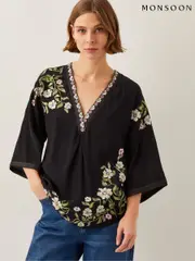Monsoon Black Alison V-Neck Floral Print Embroidered Top (F83153) | $150