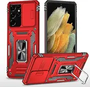 Slide Camera Case for Samsung Galaxy S21 Ultra,Kickstand with Built-in 360° Rotate Magnetic Ring Stand Shockproof Protective Armor Cover,Red