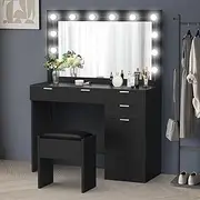 ALFORDSON Dressing Makeup Table & Stool Set, Vanity Desk with Mirror 12 LED Light Bulbs in Adjustable 3-Colour, Jewellery Dresser Organiser with Drawers for Bedroom Dressing Room, Black