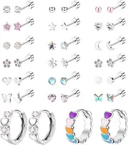 [Kakonia] 20Pairs Screw Back Earrings Stud for Girls Women Surgical Steel Hypoallergenic Cartilage Stud Earrings Tiny Opal CZ Screwback Flat Back Stud Earrings Cute Heart Hoop Earrings Set 20G