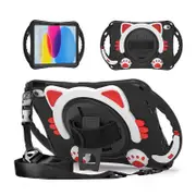 Nevenka Cat Tablet Case For iPad 10th Rugged with Shoulder Strap-BlackRed