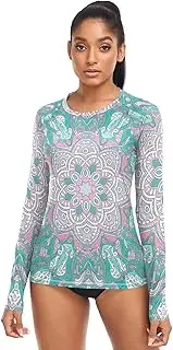 [RPLIFE] Mandala Teal Blue Womens Swimming Shirt Long Sleeve, XS-XL Swim Shirt for Women, Mandala Teal Blue, Small