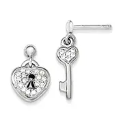 Sterling Silver Polished Cz Heart Lock & Key Post Dangle Earrings