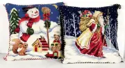 2-Vintage Needlepoint Christmas Pillows -St Nick & Snowman Velvet Back 14" X 14"
