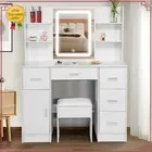 White Dressing Table with Stool and Lighted Mirror Vanity Desk Set for Gift
