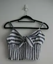 Dotti Blue & White Thick Stripe Crop Top with Ruching and bow tie front