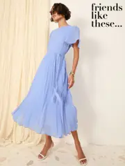 Friends Like These Pale Blue Angel Sleeve Chiffon Pleat Midi Dress (F03402) | $150
