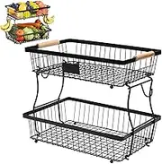 2-Tier Fruit Basket, Detachable Vegetable Basket Bowl with 2 Banana Hangers, Kitchen Countertop Fruit Stand Holder, Metal Wire Storage Organizer for Bread Snack Veggies Produce, Black 41*24*29Cm