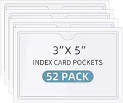 52Pack Self Adhesive Index Card Pockets with Top Open for Loading, 3" x 5" Clear Plastic Label Holders Photo Sleeves for Note Cards, Library Cards, Locker, Organizing, Storage Bins