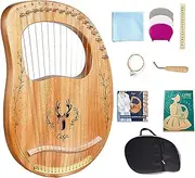 Lyre Harp, 16 Strings Mahogany Solid Wood Metal String Adult/Child Musical Instrument, With Tuning Wrench Pick, Black Gig Bag, and Music Tutorial for Beginner Instrument Lovers (Wood color)
