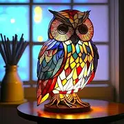 LeoLeozz Animal Table Lamp, Stained Glass Animals Shape Table Lamp, Colorful Vintage Bedside Light Bohemian Decorative Night Light Resin Desk L-amp for Bedroom Home Offic-e Decor (Owl Trumpet)