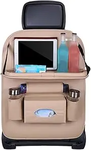Car Back Seat Organiser PU Leather Storage With Foldable Dining Table Holder(Beige)