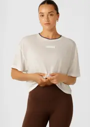 [Lorna Jane] Retro Cropped T-Shirt in White, Cotton/Linen, Size - Small S Porcelain