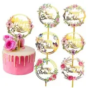 6 Pieces Happy Birthday Cake Toppers Gold Flower Acrylic Cake Toppers Acrylic