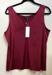 NWT Eileen Fisher Deep Claret Silk Satin Stretch V-Neck Tunic Top Shell $198 L