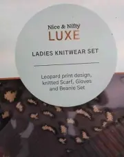 NICE & NIFTY LUXE LADIES KNITWEAR BOX SET Leopard Print Scarf, Gloves & Beanie