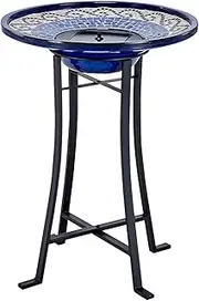 Smart Solar 20747R01 Mosaic Style Birdbath with Metal Stand and Ceramic Glazed Finish with Hand Laid Tiles and Black Powder Coated Finish on Steel Base