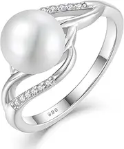 [RGEMCY] White Pearl Engagement Ring,925 Sterling Silver 8mm Natural Freshwater Pearl for Women Size 5-10