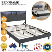 Bed Frame Queen Double King Single Size with LED Storage Bedhead Display Shelves