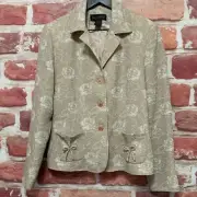 Stanley Blacker Blazer Womens Size 8 Tan Cream Floral Bowtie Pocketed Jacket