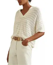Reiss CARLA KNITTED OPEN-COLLAR POLO SHIRT IN IVORY Size Medium NWT