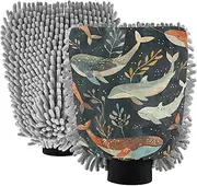 XYMZR Orange Whale Leaves Black Absorbent Microfiber Car Wash Mitt, Funny Cute Anime Scratch Free for Cars Cleaning, Home Cleaning Mitts, 2 Pack, 10.24” L x 7.09” W