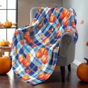 Fall Throw Blanket Pumpkin Leaves Plaid 60"L x 50"W Checkered/Pumpkin-blue