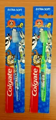 Retro 2001 Colgate "LOONEY TUNES" Kids Toothbrush x 2. Taz Devil+Bugs Bunny NIP