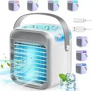 Portable Air Cooler, Rechargeable Evaporative Air Conditioner Fan with 3 Speeds 7 Colors, 3 in 1 Air Cooler with Water Tank, Cordless Personal Air Cooler with Handle for Home, Office and Room